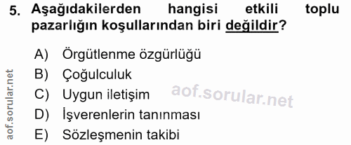 5. soru: Aşağıdakilerden hangisi etkili toplu pazarlığın koşullarından biri değildir? A) Orgütlenme özgürlüğü B) Çoğulculuk C)…
