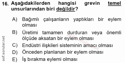 16. soru: Aşağıdakilerden | hangisi grevin temel unsurlarından biri değildir? A) Bağımlı çalışanların yaptıkları bir eylem olma…