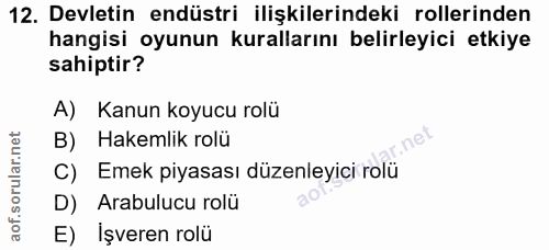 12. soru: Devletin endüstri ilişkilerindeki rollerinden hangisi oyunun kurallarını belirleyici etkiye sahiptir? A) Kanun koyucu…