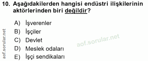 10. soru: Aşağıdakilerden hangisi endüstri ilişkilerinin aktörlerinden biri değildir? A) Işverenler B) Işçiler C) Devlet D) Mes…