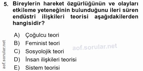 5. soru: Bireylerin hareket özgürlüğünün ve olayları etkileme yeteneğinin bulunduğunu ileri süren endüstri ilişkileri teorisi…