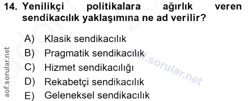 14. soru: Yenilikçi politikalara ağırlık veren sendikacılık yaklaşımına ne ad verilir? A) Klasik sendikacılık Pragmatik sendika…