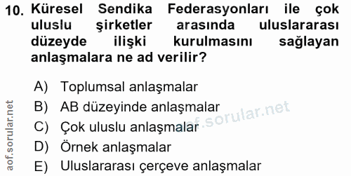 10. soru: Küresel Sendika Federasyonları ile çok uluslu şirketler arasında uluslararası düzeyde ilişki kurulmasını sağlayan anl…