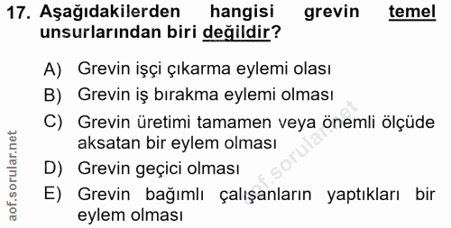 17. soru: Aşağıdakilerden hangisi grevin temel unsurlarından biri değildir? A) Grevin işçi çıkarma eylemi olası B) Grevin iş bı…