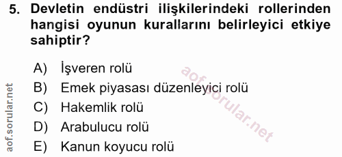 5. soru: Devletin endüstri ilişkilerindeki rollerinden hangisi oyunun kurallarını belirleyici etkiye sahiptir? A) İşveren rolü…