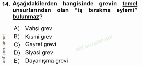14. soru: Aşağıdakilerden hangisinde grevin temel unsurlarından olan "iş bırakma eylemi" bulunmaz? A) Vahşi grev B) Kısmi grev…