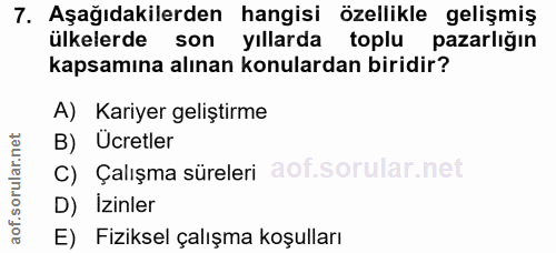 7. soru: Aşağıdakilerden hangisi özellikle gelişmiş ülkelerde son yıllarda toplu pazarlığın kapsamına alınan konulardan biridi…
