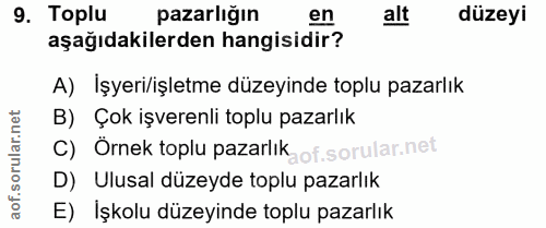 9. soru: Toplu pazarlığın en alt düzeyi aşağıdakilerden hangisidir? A) Işyeri/işletme düzeyinde toplu pazarlık B) Çok işverenl…