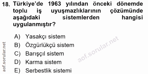 18. soru: Türkiye'de 1963 yılından önceki dönemde toplu iş uyuşmazlıklarının çözümünde aşağıdaki sistemlerden hangisi uygulanmı…