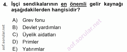 4. soru: İşçi sendikalarının en önemli gelir kaynağı aşağıdakilerden hangisidir? A) Grev fonu B) Devlet yardımları C) Üyelik a…