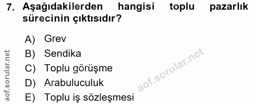 7. soru: Aşağıdakilerden hangisi toplu pazarlık sürecinin çıktısıdır? A) Grev B) Sendika C) Toplu görüşme D) Arabuluculuk E) T…