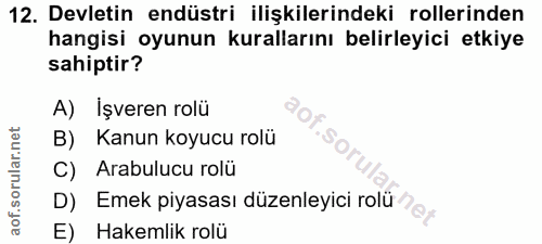 12. soru: Devletin endüstri ilişkilerindeki rollerinden hangisi oyunun kurallarını belirleyici etkiye sahiptir? A) İşveren rolü…