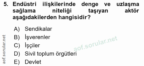 5. soru: Endüstri ilişkilerinde denge ve uzlaşma sağlama niteliği taşıyan aktör aşağıdakilerden hangisidir? A) Sendikalar B) İ…