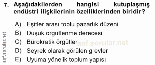 7. soru: Aşağıdakilerden hangisi kutuplaşmış endüstri ilişkilerinin özelliklerinden biridir? A) Eşitler arası toplu pazarlık d…
