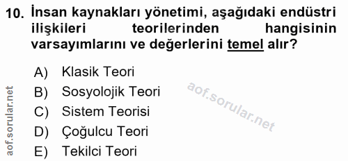 10. soru: İnsan kaynakları yönetimi, aşağıdaki endüstri ilişkileri teorilerinden hangisinin varsayımlarını ve değerlerini temel…