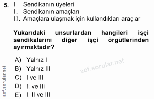 5. soru: 1. Sendikanın üyeleri II. Sendikanın amaçları IlI. Amaçlara ulaşmak için kullandıkları araçlar Yukarıdaki unsurlardan…