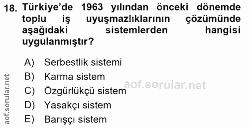18. soru: Türkiye'de 1963 yılından önceki dönemde toplu iş uyuşmazlıklarının çözümünde aşağıdaki sistemlerden hangisi uygulanmı…