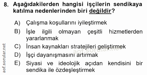 8. soru: Aşağıdakilerden hangisi işçilerin sendikaya katılma nedenlerinden biri değildir? A) Çalışma koşullarını iyileştirmek…