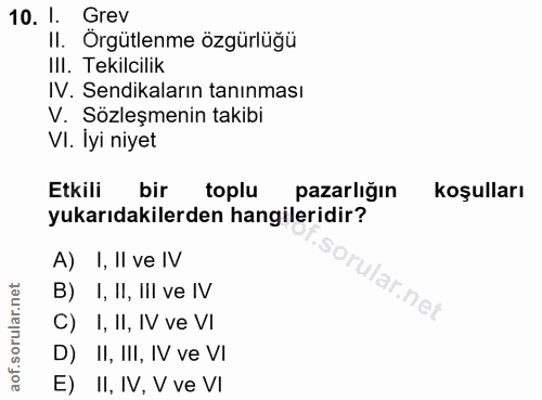 10. soru: 1. Grev II. Örgütlenme özgürlüğü III. Tekilcilik IV. Sendikaların tanınması V. Sözleşmenin takibi Vl. lyi niyet Etkil…