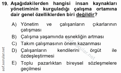 19. soru: Aşağıdakilerden hangisi insan kaynakları yönetiminin kurguladığı çalışma ortamına dair genel özelliklerden biri değil…