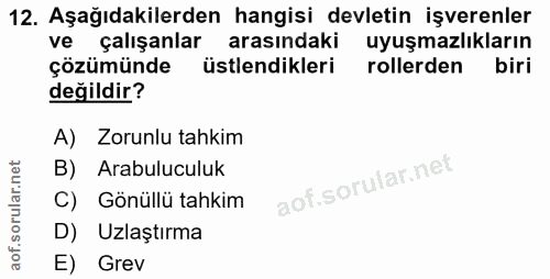 12. soru: Aşağıdakilerden hangisi devletin işverenler ve çalışanlar arasındaki uyuşmazlıkların çözümünde üstlendikleri rollerde…