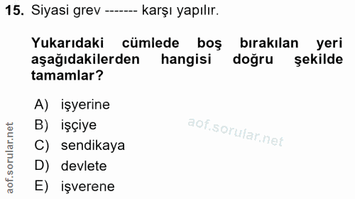 15. soru: Siyasi grev ----- karşı yapılır. Yukarıdaki cümlede boş birakılan yeri aşağıdakilerden hangisi doğru şekilde tamamlar…