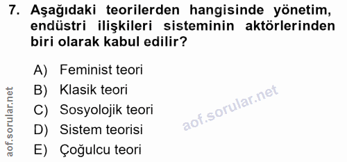 7. soru: Aşağıdaki teorilerden hangisinde yönetim, endüstri ilişkileri sisteminin aktörlerinden biri olarak kabul edilir? A) F…