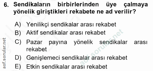 6. soru: Sendikaların birbirlerinden üye çalmaya yönelik giriştikleri rekabete ne ad verilir? A) Yenilikçi sendikalar arası re…