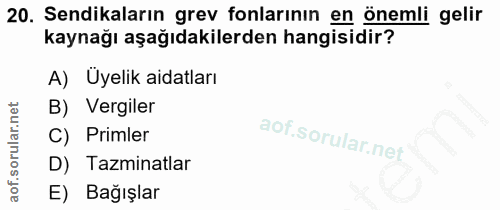 20. soru: Sendikaların grev fonlarının en önemli gelir kaynağı aşağıdakilerden hangisidir? A) Uyelik aidatları B) Vergiler C) P…