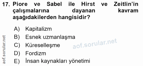 17. soru: Piore ve Sabel ile Hirst ve Zeitlin'in çalışmalarına dayanan kavram aşağıdakilerden hangisidir? A) Kapitalizm B) Esne…