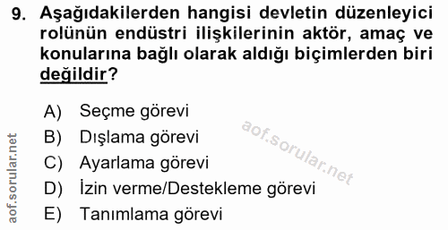 9. soru: Aşağıdakilerden hangisi devletin düzenleyici rolünün endüstri ilişkilerinin aktör, amaç ve konularına bağlı olarak al…