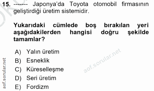15. soru: — Japonya'da Toyota otomobil firmasının geliştirdiği üretim sistemidir. Yukarıdaki cümlede boş bırakılan yeri aşağıda…