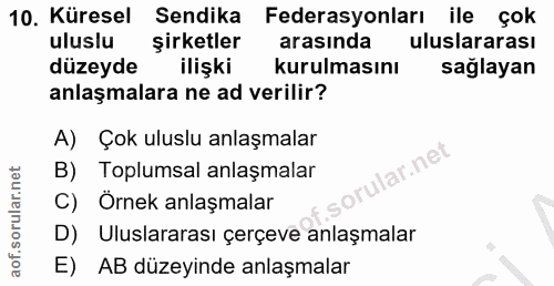 10. soru: Küresel Sendika Federasyonları ile çok uluslu şirketler arasında uluslararası düzeyde ilişki kurulmasını sağlayan anl…