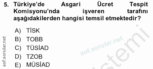 5. soru: Türkiye'de Asgari Ucret Tespit Komisyonu'nda işveren tarafinı aşağıdakilerden hangisi temsil etmektedir? A) TISK B) T…