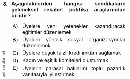 8. soru: Aşağıdakilerden hangisi sendikaların geleneksel rekabet politika araçlarından biridir? A) Üyelere yeni yetenekler kaz…