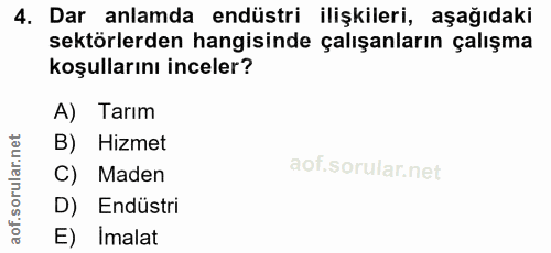 4. soru: Dar anlamda endüstri ilişkileri, aşağıdaki sektörlerden hangisinde çalışanların çalışma koşullarını inceler? A) Tarım…
