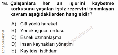 16. soru: Çalışanlara her an işlerini kaybetme korkusunu yaşatan işsiz rezervini tanımlayan kavram aşağıdakilerden hangisidir?…