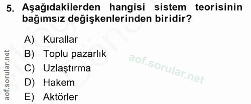 5. soru: Aşağıdakilerden hangisi sistem teorisinin bağımsız değişkenlerinden biridir? A) Kurallar B) Toplu pazarlık C) Uzlaştı…