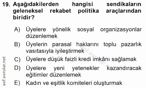 19. soru: Aşağıdakilerden hangisi sendikaların geleneksel rekabet politika araçlarından biridir? A) Üyelere yönelik sosyal orga…