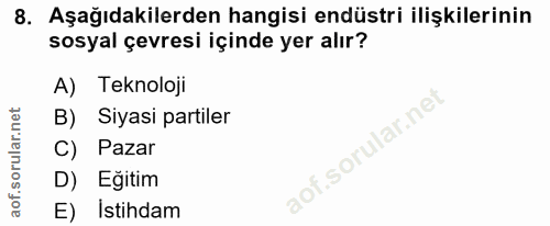 8. soru: Aşağıdakilerden hangisi endüstri ilişkilerinin sosyal çevresi içinde yer alır? A) Teknoloji B) Siyasi partiler Pazar…