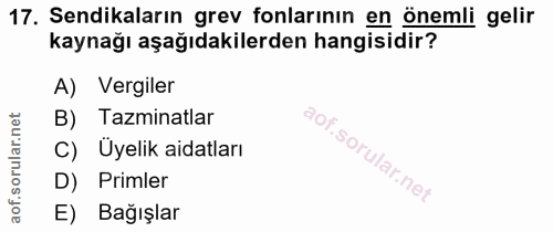 17. soru: Sendikaların grev fonlarının en önemli gelir kaynağı aşağıdakilerden hangisidir? A) Vergiler B) Tazminatlar Uyelik ai…