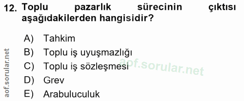 12. soru: Toplu pazarlık sürecinin çıktısı aşağıdakilerden hangisidir? A) Tahkim B) Toplu iş uyuşmazlığı C) Toplu is sözleşmesi…