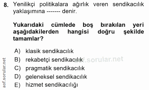 8. soru: Yenilikçi politikalara ağırlık veren sendikacılık yaklaşımına ---- denir. Yukarıdaki cümlede boş bırakılan yeri aşağı…