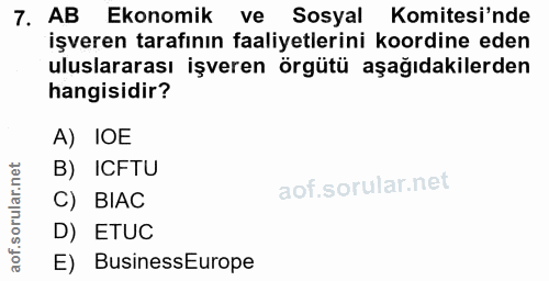 7. soru: AB Ekonomik ve Sosyal Komitesi'nde işveren tarafının faaliyetlerini koordine eden uluslararası işveren örgütü aşağıda…