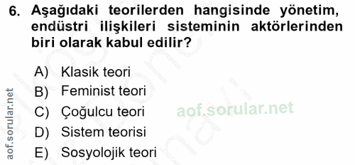 6. soru: Aşağıdaki teorilerden hangisinde yönetim, endüstri ilişkileri sisteminin aktörlerinden biri olarak kabul edilir? A) K…