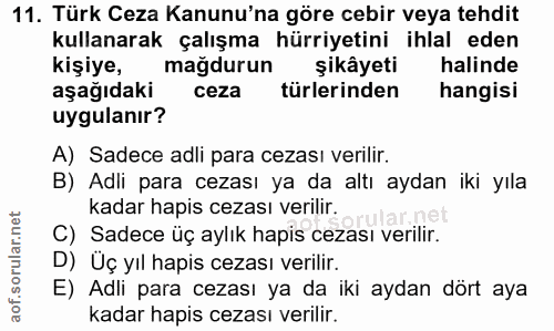 11. soru: Türk Ceza Kanunu'na göre cebir veya tehdit kullanarak çalışma hürriyetini ihlal eden kişiye, magdurun şikâyeti halind…