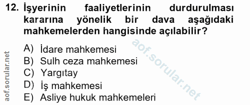 12. soru: İşyerinin faaliyetlerinin durdurulması kararına yönelik bir dava aşağıdaki mahkemelerden hangisinde açılabilir? A) İd…