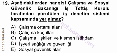 19. soru: Aşağıdakilerden hangisi Çalışma ve Sosyal Güvenlik Bakanlığı İş Teftiş Kurulu tarafından yürütülen iş denetim sistemi…