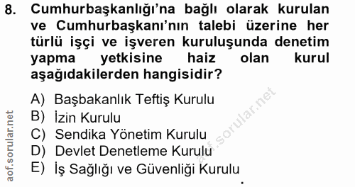 8. soru: Cumhurbaşkanlığı'na bağlı olarak kurulan ve Cumhurbaşkanı'nın talebi üzerine her türlü işçi ve işveren kuruluşunda de…