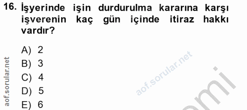 16. soru: Işyerinde işin durdurulma kararına karşı işverenin kaç gün içinde itiraz hakkı vardır? A) 2 B) 3 C) 4 D) 5 E) 6